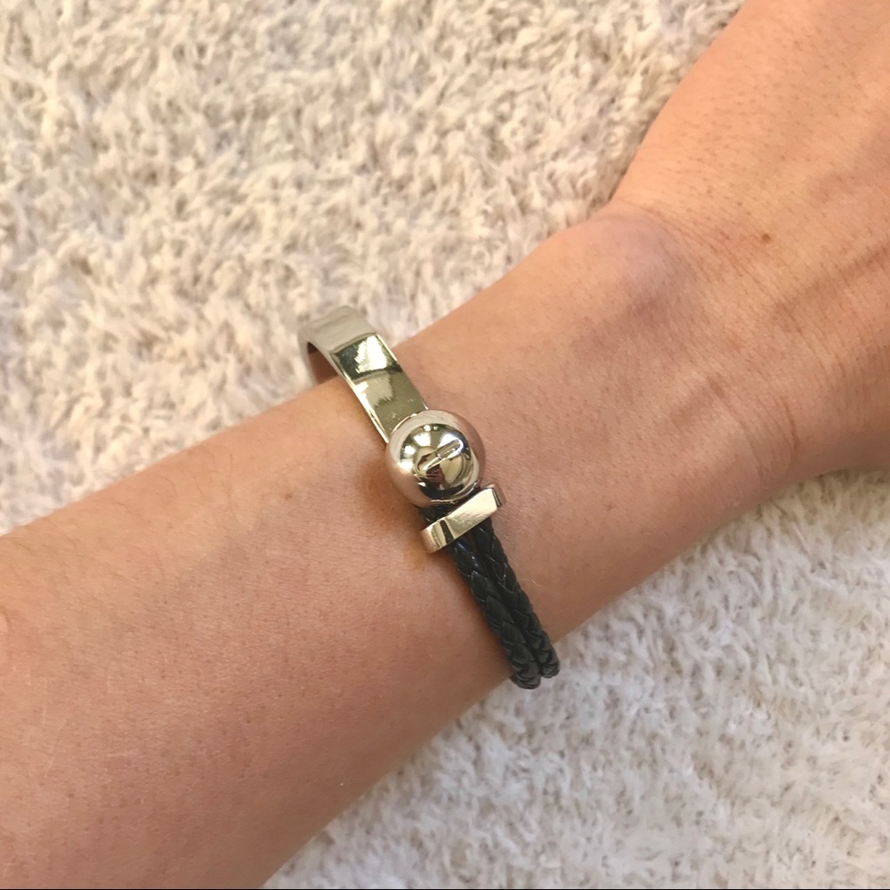 Silver and black leather bracelet